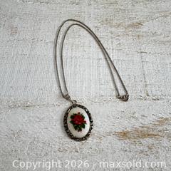 MaxSold Auction: Vintage Petite Point Stitched Flower Pendant on Silver Tone Chain - Kingston (Ontario, Canada) SELLER MANAGED Downsizing Online Auction - Bishop Street