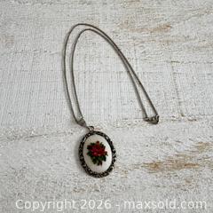 MaxSold Auction: Vintage Petite Point Stitched Flower Pendant on Silver Tone Chain - Kingston (Ontario, Canada) SELLER MANAGED Downsizing Online Auction - Bishop Street