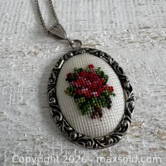 MaxSold Auction: Vintage Petite Point Stitched Flower Pendant on Silver Tone Chain - Kingston (Ontario, Canada) SELLER MANAGED Downsizing Online Auction - Bishop Street