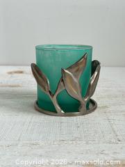 MaxSold Auction: Vintage Silver and Brass Tone Metal Candle Holder Cover with Teal/Aqua Glass Cup - Kingston (Ontario, Canada) SELLER MANAGED Downsizing Online Auction - Bishop Street