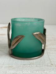 MaxSold Auction: Vintage Silver and Brass Tone Metal Candle Holder Cover with Teal/Aqua Glass Cup - Kingston (Ontario, Canada) SELLER MANAGED Downsizing Online Auction - Bishop Street