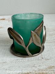 MaxSold Auction: Vintage Silver and Brass Tone Metal Candle Holder Cover with Teal/Aqua Glass Cup - Kingston (Ontario, Canada) SELLER MANAGED Downsizing Online Auction - Bishop Street