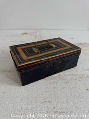 MaxSold Auction: Vintage Small Painted Chad Valley Cash Box - Metal Deed Box Made in England  - Kingston (Ontario, Canada) SELLER MANAGED Downsizing Online Auction - Bishop Street