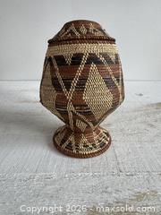 MaxSold Auction: Vintage Tight Woven Basket with Leather Cap Lid - Small Storage Basket with Woven Detail - Kingston (Ontario, Canada) SELLER MANAGED Downsizing Online Auction - Bishop Street