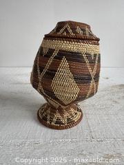 MaxSold Auction: Vintage Tight Woven Basket with Leather Cap Lid - Small Storage Basket with Woven Detail - Kingston (Ontario, Canada) SELLER MANAGED Downsizing Online Auction - Bishop Street