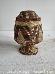 MaxSold Auction: Vintage Tight Woven Basket with Leather Cap Lid - Small Storage Basket with Woven Detail - Kingston (Ontario, Canada) SELLER MANAGED Downsizing Online Auction - Bishop Street