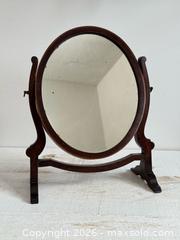 MaxSold Auction: Vintage Wood Framed Vanity Mirror with Oval Design and Tilt Mirror - Vintage Wooden Tabletop Mirror - Kingston (Ontario, Canada) SELLER MANAGED Downsizing Online Auction - Bishop Street