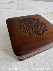 MaxSold Auction: Vintage Wooden Box with Carved Design, Light Wood Inside and Hinged Lid - Kingston (Ontario, Canada) SELLER MANAGED Downsizing Online Auction - Bishop Street