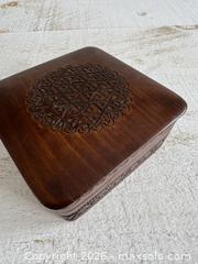 MaxSold Auction: Vintage Wooden Box with Carved Design, Light Wood Inside and Hinged Lid - Kingston (Ontario, Canada) SELLER MANAGED Downsizing Online Auction - Bishop Street