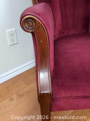 MaxSold Auction: Burgundy Velvet Armchair with Wood Frame - Ajax (Ontario, Canada) SELLER MANAGED Downsizing Online Auction - Meekings Drive