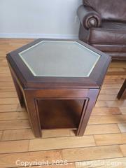 MaxSold Auction: Set of 4 Dark Brown Wood Tables with Glass Insets - Ajax (Ontario, Canada) SELLER MANAGED Downsizing Online Auction - Meekings Drive