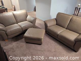 MaxSold Auction: Tan Genuine Leather 2-Seat Loveseat and Ottoman Set - Ajax (Ontario, Canada) SELLER MANAGED Downsizing Online Auction - Meekings Drive