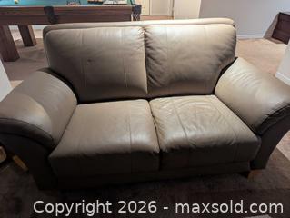 MaxSold Auction: Tan Genuine Leather 2-Seat Loveseat and Ottoman Set - Ajax (Ontario, Canada) SELLER MANAGED Downsizing Online Auction - Meekings Drive