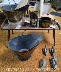 MaxSold Auction: Early 20th Century Toleware & Antique Coal Irons Set with Wood Bench B - Kingston (Massachusetts, USA) PARTNER MANAGED Estate Sale Online Auction - Grove Street