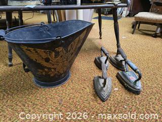 MaxSold Auction: Early 20th Century Toleware & Antique Coal Irons Set with Wood Bench B - Kingston (Massachusetts, USA) PARTNER MANAGED Estate Sale Online Auction - Grove Street