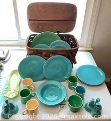 MaxSold Auction: Fiesta (Homer Laughlin) Multicolor Dinnerware Set with Picnic Basket A - Kingston (Massachusetts, USA) PARTNER MANAGED Estate Sale Online Auction - Grove Street