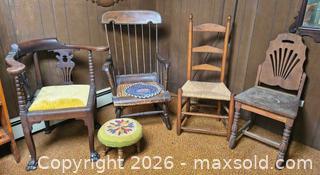 MaxSold Auction: Set of 4 Wood Chairs and 1 Stool, Mixed Seats & Styles B - Kingston (Massachusetts, USA) PARTNER MANAGED Estate Sale Online Auction - Grove Street