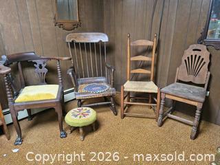 MaxSold Auction: Set of 4 Wood Chairs and 1 Stool, Mixed Seats & Styles B - Kingston (Massachusetts, USA) PARTNER MANAGED Estate Sale Online Auction - Grove Street