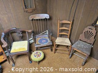 MaxSold Auction: Set of 4 Wood Chairs and 1 Stool, Mixed Seats & Styles B - Kingston (Massachusetts, USA) PARTNER MANAGED Estate Sale Online Auction - Grove Street