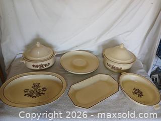 MaxSold Auction: Pfaltzgraff "Village" Stoneware Serving Set - 6 Pieces - Made in USA - Vintage - Sun City (Arizona, USA) SELLER MANAGED Reseller Online Auction - West Forrester Drive