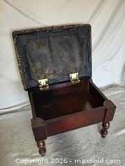 MaxSold Auction: Vintage Cherry-Finished Footstool with Tapestry Top & Hidden Storage - Sun City (Arizona, USA) SELLER MANAGED Reseller Online Auction - West Forrester Drive