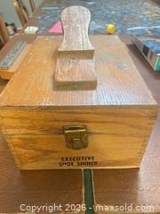 MaxSold Auction: Vintage Mid-Century Wooden Shoe Shiner Box with Brushes & Polish - Northampton Township (Pennsylvania, USA) SELLER MANAGED Reseller Online Auction - Devon Road
