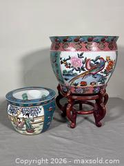 MaxSold Auction: (2) Chinese Hand Painted Porcelain Koi Fish Planter Bowls and Wooden Stand  - Toronto (Ontario, Canada) SELLER MANAGED Reseller Online Auction - Chesswood Drive