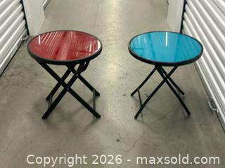 MaxSold Auction: Lot of 2 Round Glass Tables 1 Red, 1 Torquoise - Los Angeles (California, USA) SELLER MANAGED Estate Sale Online Auction -  Troost Avenue (STORAGE)