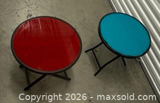MaxSold Auction: Lot of 2 Round Glass Tables 1 Red, 1 Torquoise - Los Angeles (California, USA) SELLER MANAGED Estate Sale Online Auction -  Troost Avenue (STORAGE)