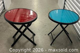 MaxSold Auction: Lot of 2 Round Glass Tables 1 Red, 1 Torquoise - Los Angeles (California, USA) SELLER MANAGED Estate Sale Online Auction -  Troost Avenue (STORAGE)