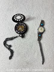 MaxSold Auction: Vintage Skeleton Automatic Pocket Watch with Chain & Turquoise Inlay - Sunnyvale (California, USA) SELLER MANAGED Reseller Online Auction - Reseda Drive