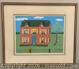 MaxSold Auction: Original Canadian Folk Artist Jerome T. Coulas (1953-2013) "The Big Pink House With the Swing" Signed and Dated 1987 - St. Catharines (Ontario, Canada) SELLER MANAGED Estate Sale Online Auction - Monique Crescent