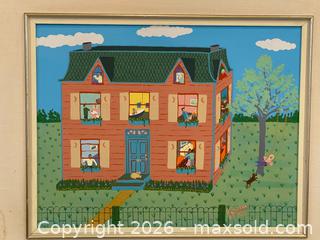 MaxSold Auction: Original Canadian Folk Artist Jerome T. Coulas (1953-2013) "The Big Pink House With the Swing" Signed and Dated 1987 - St. Catharines (Ontario, Canada) SELLER MANAGED Estate Sale Online Auction - Monique Crescent