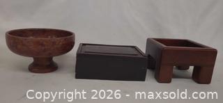 MaxSold Auction: Set of Three antique & vintage Wooden Decorative Pieces: Bowl, Box, Small Stand - Toronto (Ontario, Canada) PARTNER MANAGED Reseller Online Auction - Queen Street West