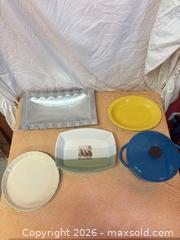 MaxSold Auction: Mixed Serveware Set: Enamel Dutch Oven, Ceramic Platters, Aluminum Tray - Cobourg (Ontario, Canada) SELLER MANAGED Estate Sale Online Auction - King Street East (STORAGE)