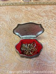 MaxSold Auction: Small Aged Metal Jewelry Box with gold tone jewelry  - Cobourg (Ontario, Canada) SELLER MANAGED Estate Sale Online Auction - King Street East (STORAGE)