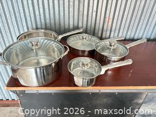 MaxSold Auction: 5-Piece Stainless Steel Cookware Set with Glass Lids - Decatur (Georgia, USA) SELLER MANAGED Reseller Online Auction - North Druid Hills Road (STORAGE)