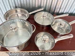 MaxSold Auction: 5-Piece Stainless Steel Cookware Set with Glass Lids - Decatur (Georgia, USA) SELLER MANAGED Reseller Online Auction - North Druid Hills Road (STORAGE)
