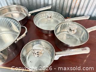 MaxSold Auction: 5-Piece Stainless Steel Cookware Set with Glass Lids - Decatur (Georgia, USA) SELLER MANAGED Reseller Online Auction - North Druid Hills Road (STORAGE)