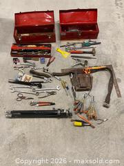 MaxSold Auction: Large Mixed Hand Tool Lot w/ 2 Metal Toolboxes, Leather Tool Belt, Wrenches, Screwdrivers  - Vancouver (British Columbia, Canada) SELLER MANAGED Reseller Online Auction - East 7th Avenue (STORAGE)