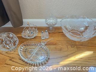 MaxSold Auction: Assorted Clear Etched & Cut Pressed Glass Serving Pieces, 5–9 pcs - Longmont (Colorado, USA) PARTNER MANAGED Estate Sale Online Auction - Whitehall Drive