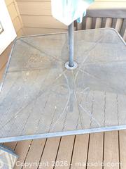 MaxSold Auction: Black Metal Square Patio Dining Set with Umbrella and 4 Chairs - Longmont (Colorado, USA) PARTNER MANAGED Estate Sale Online Auction - Whitehall Drive
