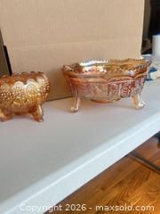 MaxSold Auction: Pair of Iridescent Orange/Amber Carnival Glass Bowls - Longmont (Colorado, USA) PARTNER MANAGED Estate Sale Online Auction - Whitehall Drive