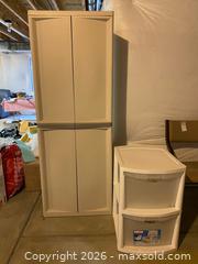 MaxSold Auction: White Plastic Tall Storage Cabinet and Two Pull-Out Drawers Cabinet - Longmont (Colorado, USA) PARTNER MANAGED Estate Sale Online Auction - Whitehall Drive
