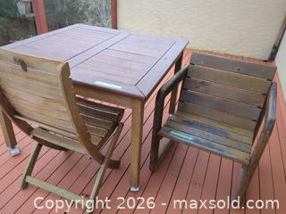 MaxSold Auction: Hardwood Outdoor Patio Square Table and 2 chairs - Saanich (British Columbia, Canada) PARTNER MANAGED Moving Online Auction - Treetop Heights