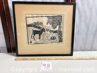 MaxSold Auction: Framed Woodblock Print of Goat/Sheep, Signed, Circa 1930s - Warwick (Rhode Island, USA) SELLER MANAGED Reseller Online Auction - Warwick Avenue