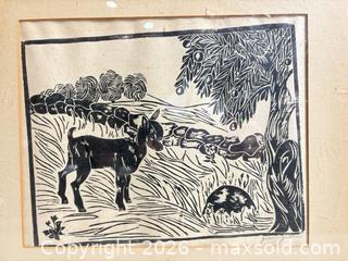 MaxSold Auction: Framed Woodblock Print of Goat/Sheep, Signed, Circa 1930s - Warwick (Rhode Island, USA) SELLER MANAGED Reseller Online Auction - Warwick Avenue