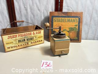 MaxSold Auction: Lot: Wooden Advertising Crate, Fruit Label & Vintage Coffee Grinder - Warwick (Rhode Island, USA) SELLER MANAGED Reseller Online Auction - Warwick Avenue