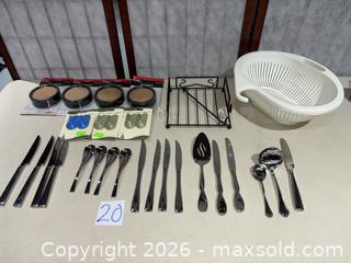 MaxSold Auction: Oneida flatware assortment with coasters, colander and metal rack - Warwick (Rhode Island, USA) SELLER MANAGED Reseller Online Auction - Warwick Avenue