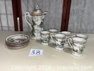MaxSold Auction: Porcelain Asian Landscape Demitasse Set with Saucers and Covered Tea Pot - Warwick (Rhode Island, USA) SELLER MANAGED Reseller Online Auction - Warwick Avenue